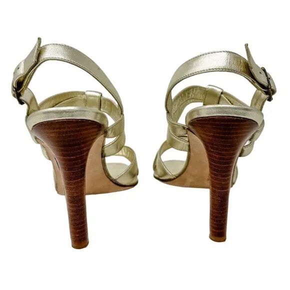 Manolo Blahnik Gold Metallic T-Strap Stacked Heel 105 Sandals size 39.5 US9-9.5