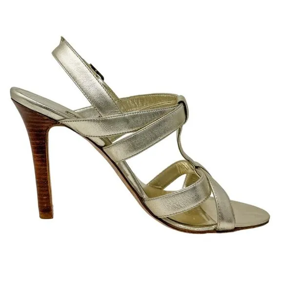 Manolo Blahnik Gold Metallic T-Strap Stacked Heel 105 Sandals size 39.5 US9-9.5