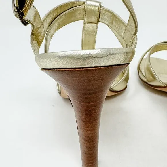 Manolo Blahnik Gold Metallic T-Strap Stacked Heel 105 Sandals size 39.5 US9-9.5