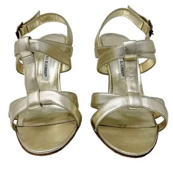 Manolo Blahnik Gold Metallic T-Strap Stacked Heel 105 Sandals size 39.5 US9-9.5