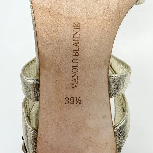 Manolo Blahnik Gold Metallic T-Strap Stacked Heel 105 Sandals size 39.5 US9-9.5