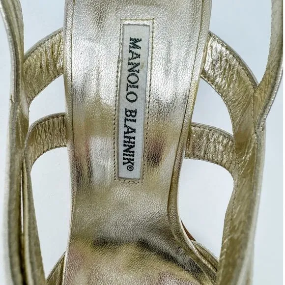 Manolo Blahnik Gold Metallic T-Strap Stacked Heel 105 Sandals size 39.5 US9-9.5