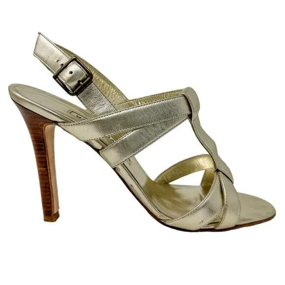 Manolo Blahnik Gold Metallic T-Strap Stacked Heel 105 Sandals size 39.5 US9-9.5