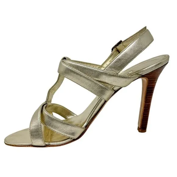 Manolo Blahnik Gold Metallic T-Strap Stacked Heel 105 Sandals size 39.5 US9-9.5