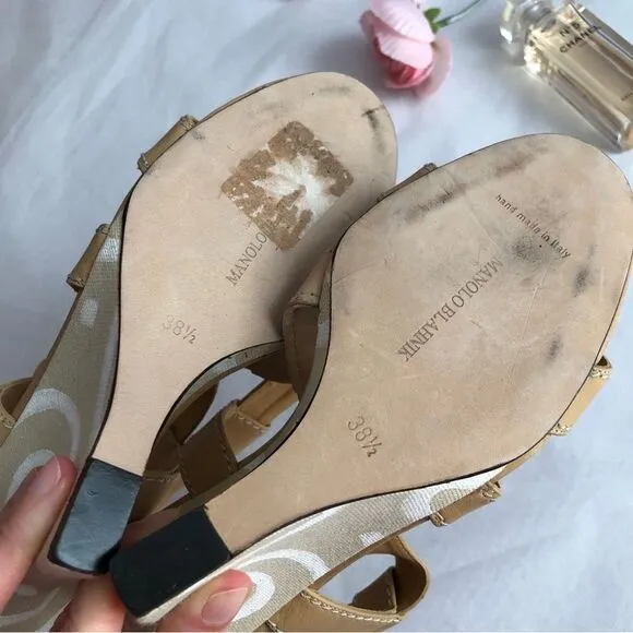 Manolo Blahnik Leather Canvas Strappy Wedge Sandals Sz 38.5 Sculpted Art Heel