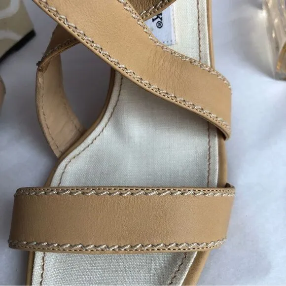 Manolo Blahnik Leather Canvas Strappy Wedge Sandals Sz 38.5 Sculpted Art Heel