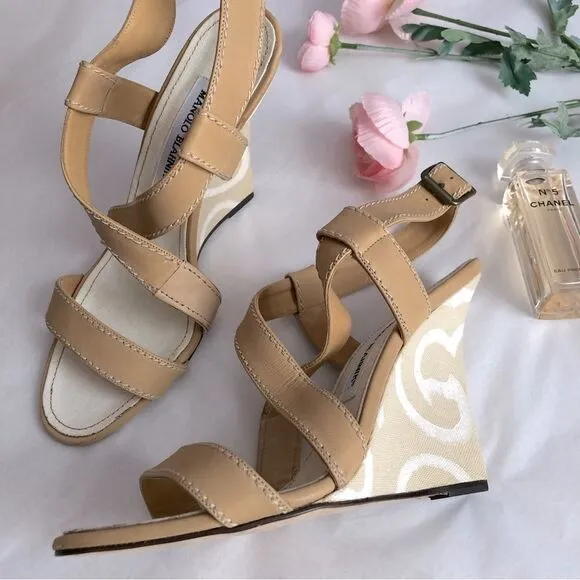 Manolo Blahnik Leather Canvas Strappy Wedge Sandals Sz 38.5 Sculpted Art Heel