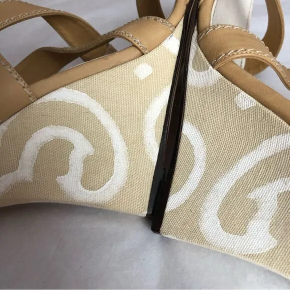 Manolo Blahnik Leather Canvas Strappy Wedge Sandals Sz 38.5 Sculpted Art Heel