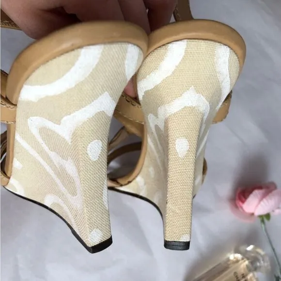 Manolo Blahnik Leather Canvas Strappy Wedge Sandals Sz 38.5 Sculpted Art Heel