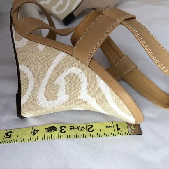 Manolo Blahnik Leather Canvas Strappy Wedge Sandals Sz 38.5 Sculpted Art Heel