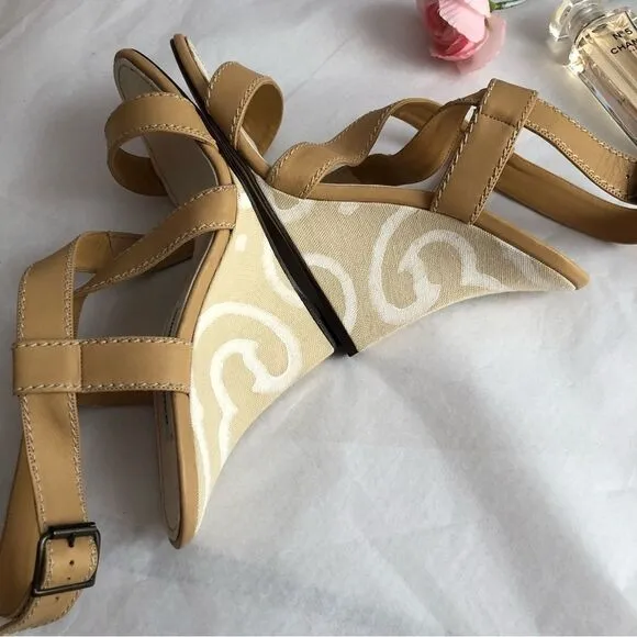 Manolo Blahnik Leather Canvas Strappy Wedge Sandals Sz 38.5 Sculpted Art Heel