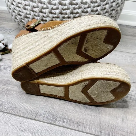 Marc Fisher Adalyn Suede Platform Espadrille Peep Toe Wedge Sandals Natural Sz 8