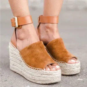 Marc Fisher Adalyn Suede Platform Espadrille Peep Toe Wedge Sandals Natural Sz 8