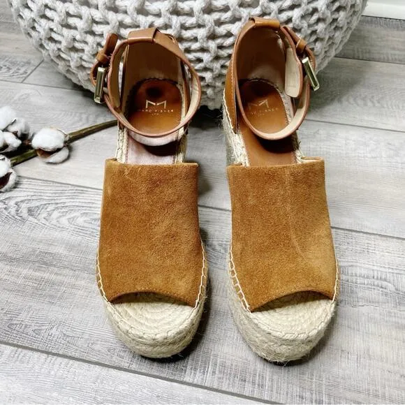 Marc Fisher Adalyn Suede Platform Espadrille Peep Toe Wedge Sandals Natural Sz 8