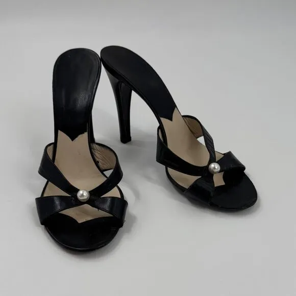Marc Jacobs Black Leather High Heel Sandals With Pearl Accent Size 9.5 or 39.5
