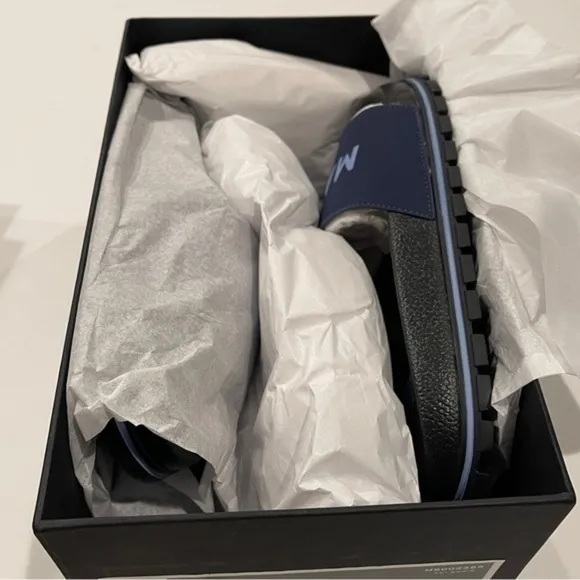 Marc Jacobs Womens Slides The Slide Logo Slip On Sandals Navy Blue Pool Vaca NIB