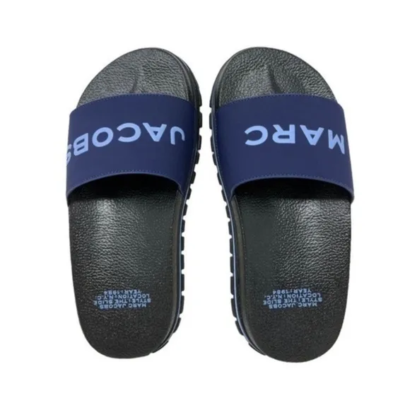 Marc Jacobs Womens Slides The Slide Logo Slip On Sandals Navy Blue Pool Vaca NIB
