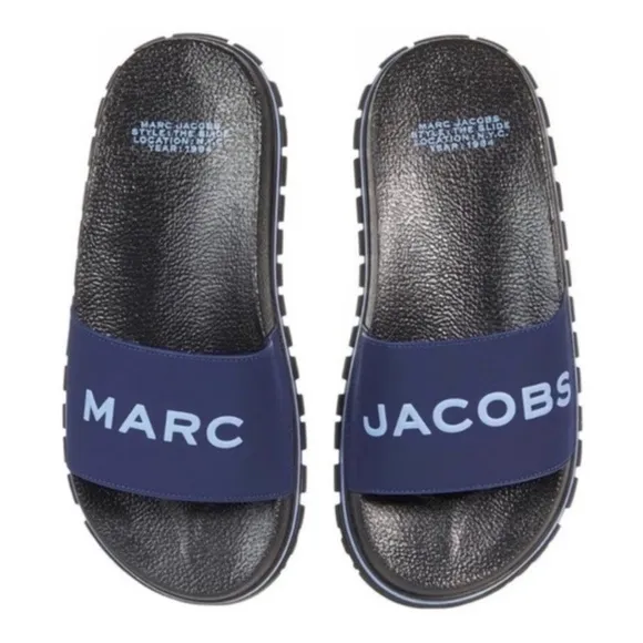 Marc Jacobs Womens Slides The Slide Logo Slip On Sandals Navy Blue Pool Vaca NIB