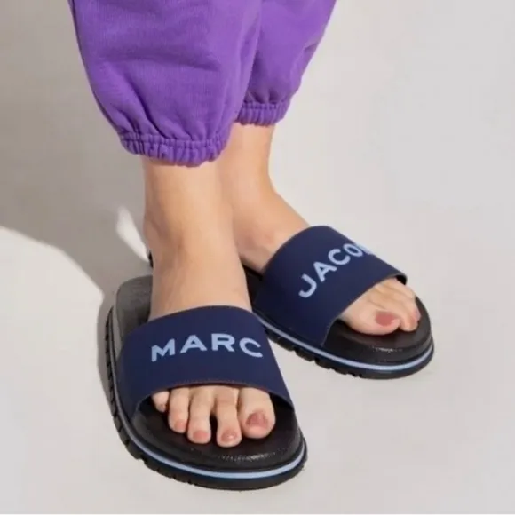 Marc Jacobs Womens Slides The Slide Logo Slip On Sandals Navy Blue Pool Vaca NIB