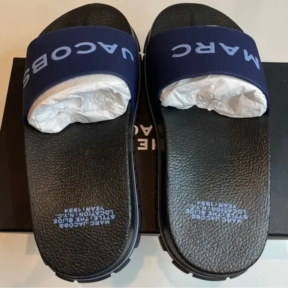 Marc Jacobs Womens Slides The Slide Logo Slip On Sandals Navy Blue Pool Vaca NIB