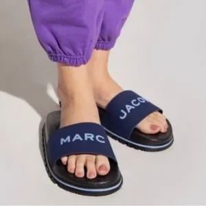 Marc Jacobs Womens Slides The Slide Logo Slip On Sandals Navy Blue Pool Vaca NIB