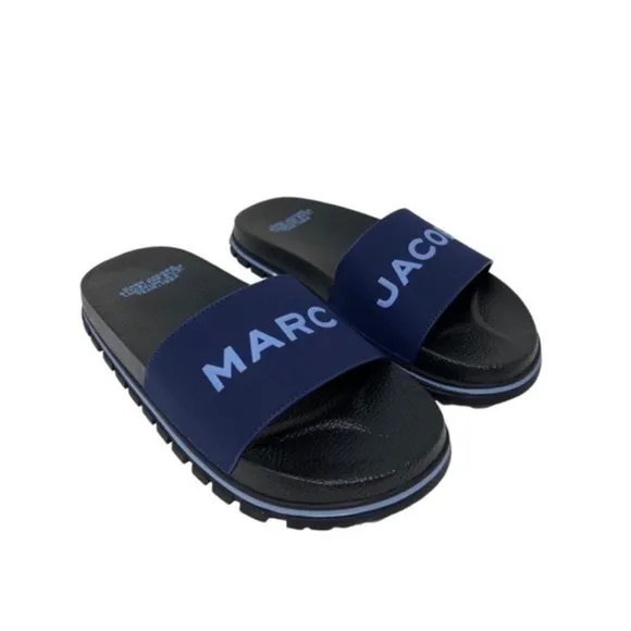Marc Jacobs Womens Slides The Slide Logo Slip On Sandals Navy Blue Pool Vaca NIB