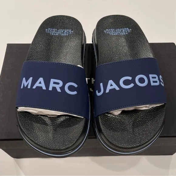 Marc Jacobs Womens Slides The Slide Logo Slip On Sandals Navy Blue Pool Vaca NIB