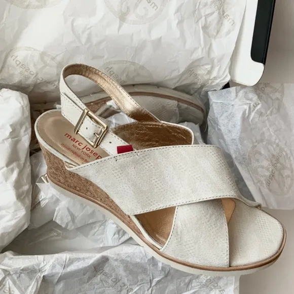 Marc Joseph Myrtle Beach Leather Ivory White Glaze Slingbacks Wedge Sandals 9