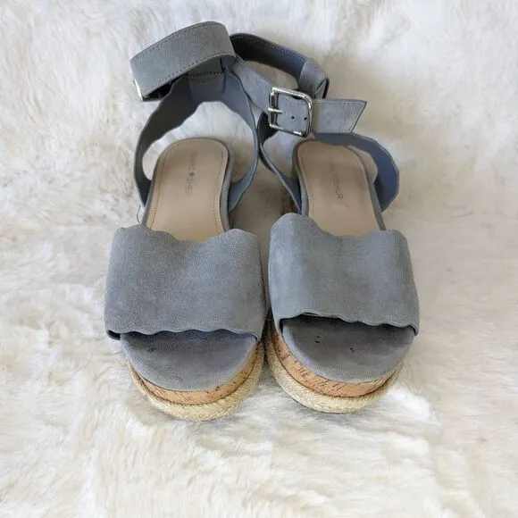 Marc Fisher Leather Sandals Dusty Blue Scallop Platform Espadrille Sandal Size 6