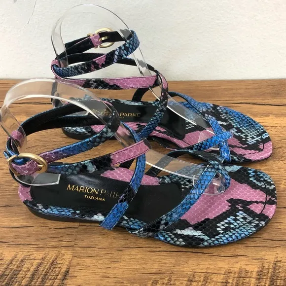 Marion Parke Womens Gladiator Sandal Flat Leather Harvey Indigo Python S…
