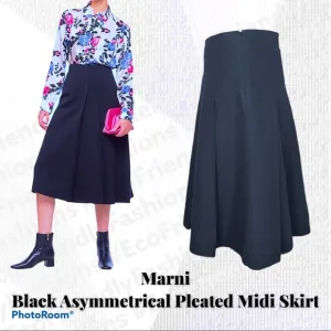 Marni Black Asymmetrical Pleated Midi Skirt