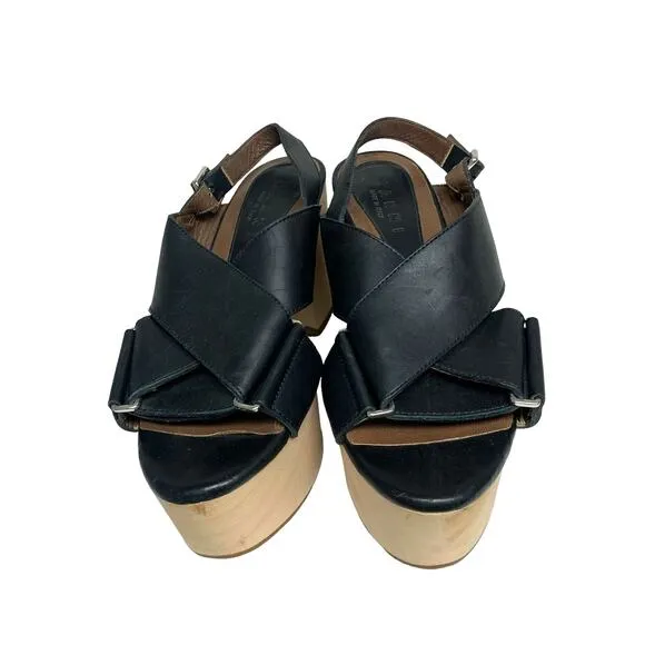Marni Womens Size 39 Black Leather Wood Platform Sandals