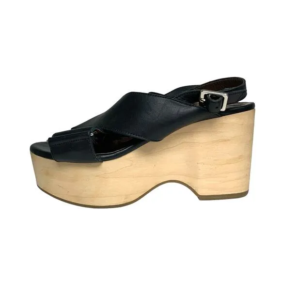 Marni Womens Size 39 Black Leather Wood Platform Sandals