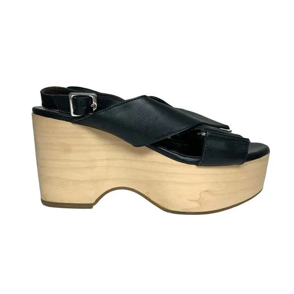 Marni Womens Size 39 Black Leather Wood Platform Sandals