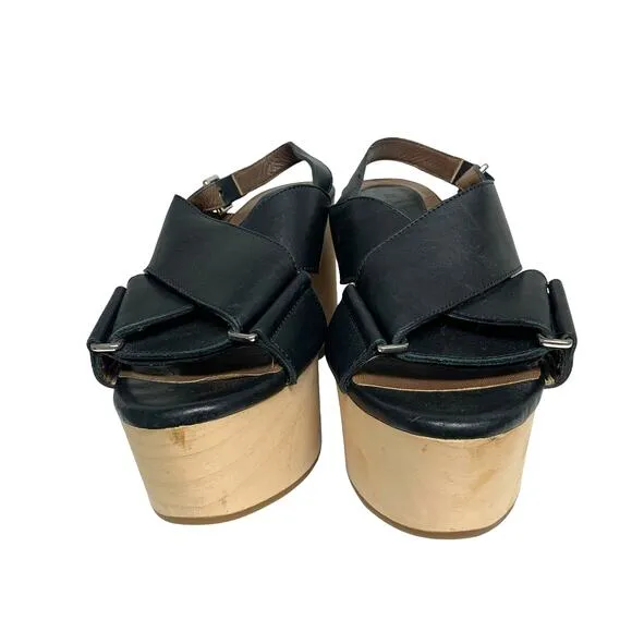 Marni Womens Size 39 Black Leather Wood Platform Sandals