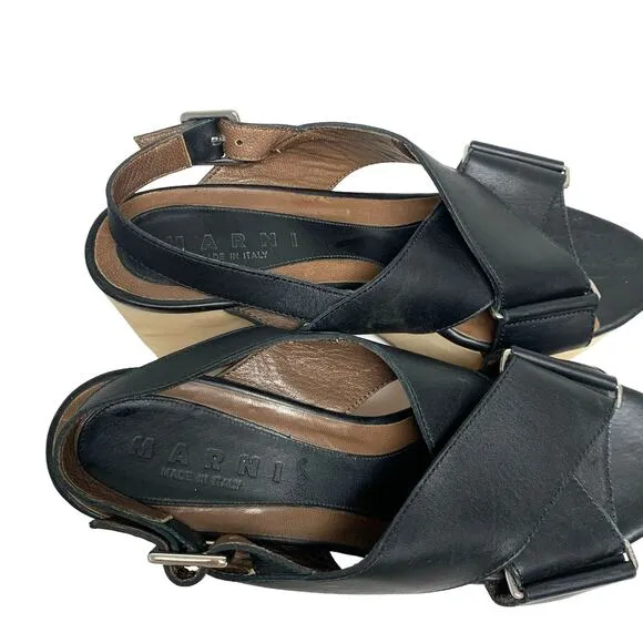 Marni Womens Size 39 Black Leather Wood Platform Sandals