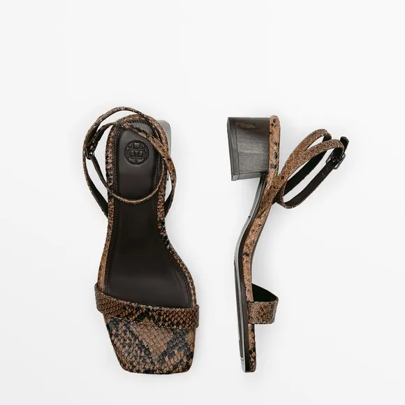 Massimo dutti Snake Animal Print Leather Brown Heeled Sandals Size 38