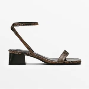 Massimo dutti Snake Animal Print Leather Brown Heeled Sandals Size 38