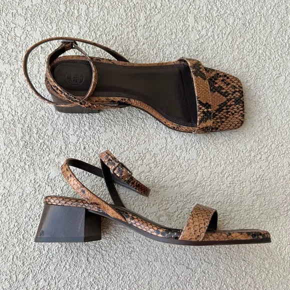 Massimo dutti Snake Animal Print Leather Brown Heeled Sandals Size 38