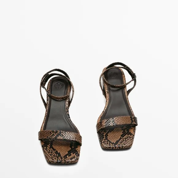 Massimo dutti Snake Animal Print Leather Brown Heeled Sandals Size 38