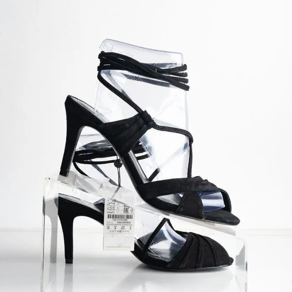 Massimo Dutti Studio Sandals Heels Black Suede EU 39 US 8 Strappy 1686/259 NWB