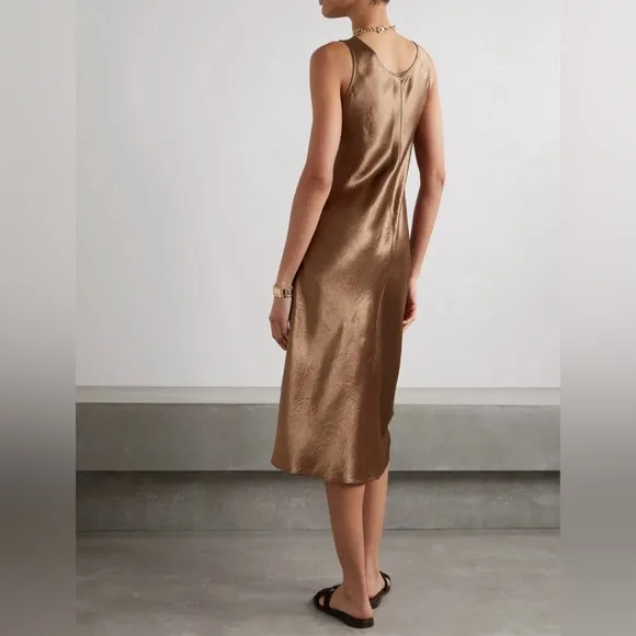MAX MARA LEISURE: Talete sleeveless crinkled-satin midi dress in Brown.  Size 14