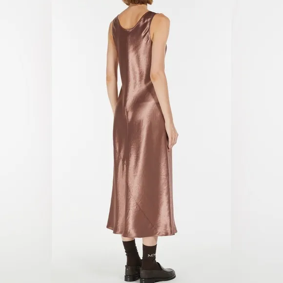 MAX MARA LEISURE: Talete sleeveless crinkled-satin midi dress in Brown.  Size 14