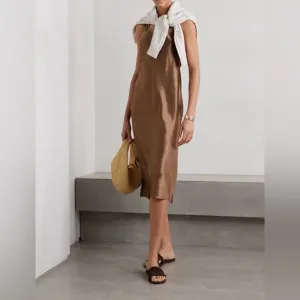 MAX MARA LEISURE: Talete sleeveless crinkled-satin midi dress in Brown.  Size 14