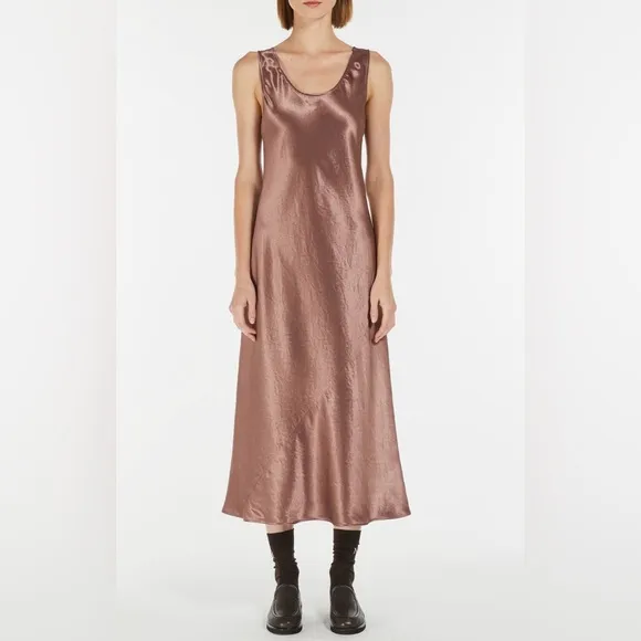 MAX MARA LEISURE: Talete sleeveless crinkled-satin midi dress in Brown.  Size 14