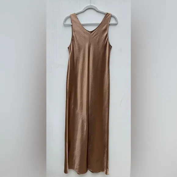 MAX MARA LEISURE: Talete sleeveless crinkled-satin midi dress in Brown.  Size 14