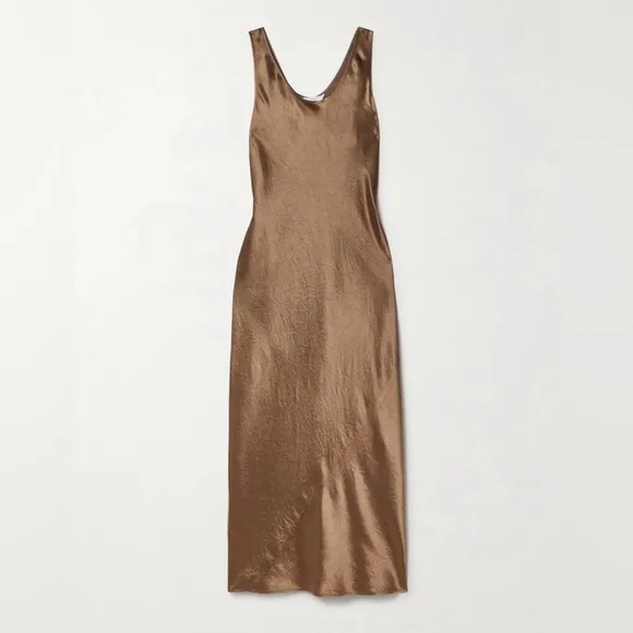 MAX MARA LEISURE: Talete sleeveless crinkled-satin midi dress in Brown.  Size 14