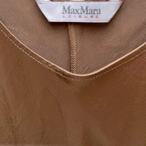 MAX MARA LEISURE: Talete sleeveless crinkled-satin midi dress in Brown.  Size 14