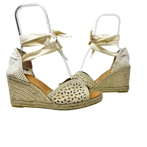 Maypol NEW Crochet Espadrille Wedge Sandals Peep Toe Ankle Wrap Cream Size 41