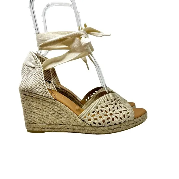 Maypol NEW Crochet Espadrille Wedge Sandals Peep Toe Ankle Wrap Cream Size 41